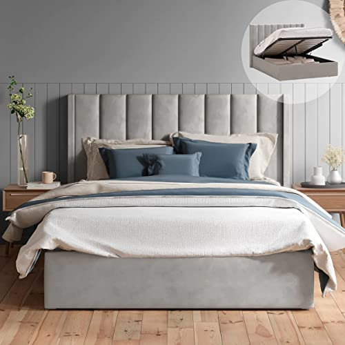 SANA SLEEP 4FT6 Ottoman Panel Wing Plush Fabric Upholstered Bed Frame With Storage Option - Grey