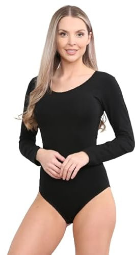 Ladies Black Round Neck Long Sleeve Viscose Leotard Ballet Dance Bodysuit (Medium)