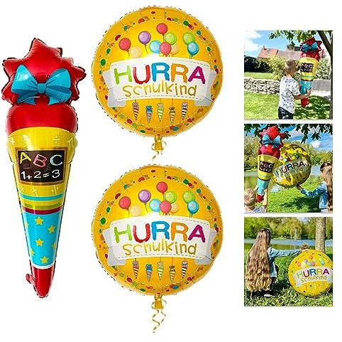 Oblique Unique® Schuleinführung Schulanfang Einschulung Deko Set - Folienballon Zuckertüte - Kindergarten/Schule - Schulkind - HURRA Schulkind (Zuckertüte + HURRA Schulkind Luftballons)