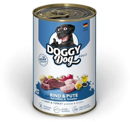 DOGGY Dog Paté Rind & Pute, 6 x 400 g, Nassfutter für Hunde, getreidefreies Hundefutter mit Lachsöl und Grünlippmuschel, Alleinfuttermittel mit Kartoffeln und Tomate, Made in Germany