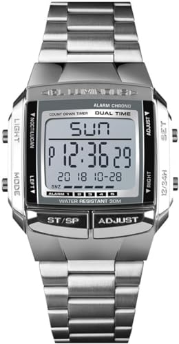 Tevimpeya Luxuriöse digitale Herrenuhr, wasserdicht bis 30 Meter, Stoppuhr mit 2 Alarmen, Businessuhr, silber