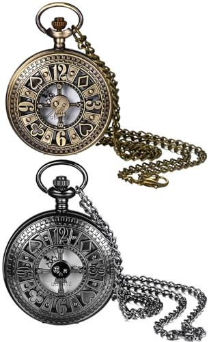 JewelryWe Taschenuhr mit Kette Herren Poker - 2pcs Vintage Totenkopf Schädel Poker Hohle Openwork Design Taschenuhr Männer Analog Quarz Kettenuhr Antik Uhr mit Halskette Geschenk für Vater Opa