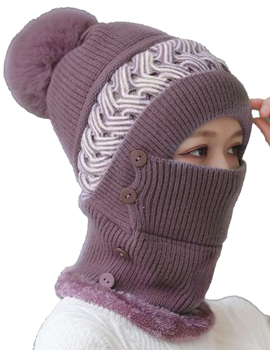 FEOYA Damen Kapuzen Skullies Mützen Einteilige Winter Strickmützen Schal Kapuze Warme Balaclava