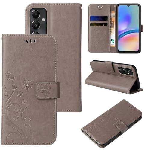 LBH Handy Hülle für Samsung Galaxy A05s Case Handytasche Schmetterling Blumen Flower Standfunktion Schutzhülle Magnet Rundum Schutz 360 Grad Flipcase Cover Grau