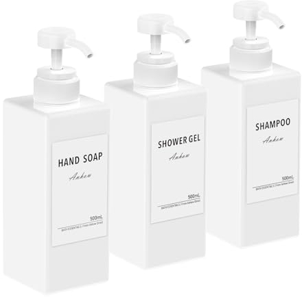 Anhow 3er Seifenspender Kunststoff, 500ml PETG Seifenspender mit 16pcs Kategorie Etiketten für Küche und Badezimmer Dusche/Küche/Badezimmer - Weiß/ 500ml