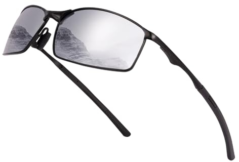OuShiun Herren Sportbrille Polarisierte Sonnenbrille für Outdoor Metallrahmen UV Schutz Fahren Angeln Radfahren Laufen Fahrer Brille(Schwarz Gestell Silber Linse)