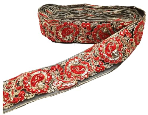 Wisafory Cinta jacquard de 5 yardas vintage con lentejuelas, ribetes de encaje, cinta decorativa, accesorio para ropa, sombrero de paja, bolso, costura, artesanía, rojo, 5 yardas