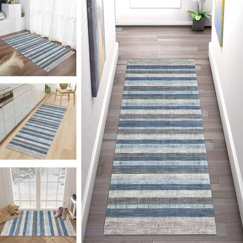 Buatisf Läufer Teppich Lang Flur Küche Grau Blau Teppichläufer Küchenläufer rutschfest Waschbar für Korridor Wohnzimmer Schlafzimmer Esszimmer Küchenteppich Meterware Anpassbar