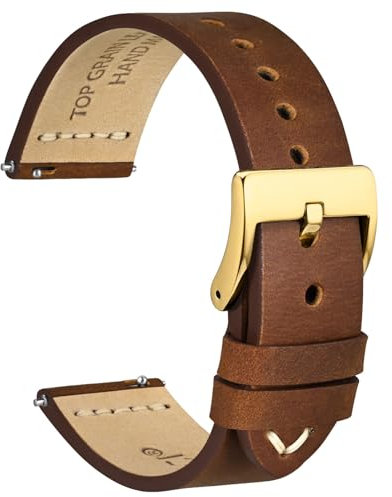 WOCCI 22mm Antikes Uhrenarmband für Herren, Sattelleder, Goldener Schnalle (Karamellbraun)