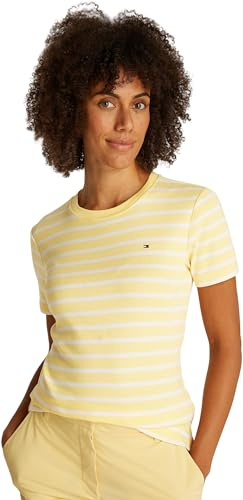 Tommy Hilfiger Women’s Short Sleeve Round Neck Slim Cody T-Shirt, Multicolor (Citronella/Ecru STP), L