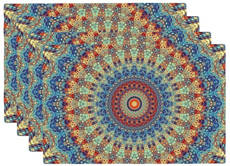 XALOGEER Boho-Tischsets, bunt, böhmisch, indisch, Mandala, ethnischer Stil, Leinen, waschbar, rechteckig, Tischset für Party, Küche, Esszimmer, Dekoration, drinnen und draußen, 30,5 x 45,7 cm, 4 Stück