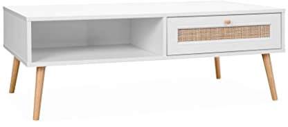 Alice's Home - Table Basse en cannage 110x59x39cm - Bohème - Blanc. 1 tiroir. 1 Espace de Rangement. Pieds scandinaves