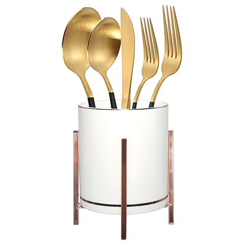 MONOSUGO Ceramic Flatware Caddy, Silverware Caddy Cutlery Holder, Round Utensil Crock, Kitchen Utensil Holder for Countertop, Ceramic Cup wtih Rose Gold Trim and Rose Metal Bracket, 1 Pcs