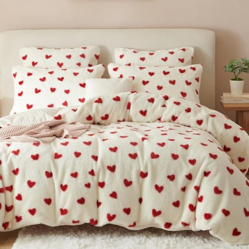Sedefen Plüsch Bettwäsche 220x240 cm Flauschig Kunstfell,Rot Herzen Bettwäsche Mädchen Warme Winterbettwäsche Shaggy Flanell Bettbezug und 2 Kissenbezug 80x80cm mit Reißverschluss