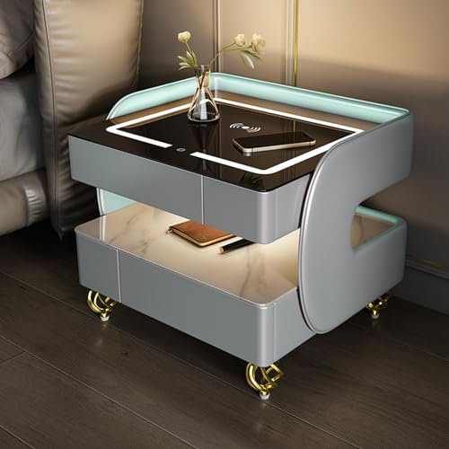 GAOXIONG LED-Nachttisch mit kabelloser Ladestation und USB-/Typ-C-Anschlüssen, intelligenter Nachttisch mit Einstellbarer Helligkeit, seitlicher Nachttisch mit Audio (Farbe: Blau)