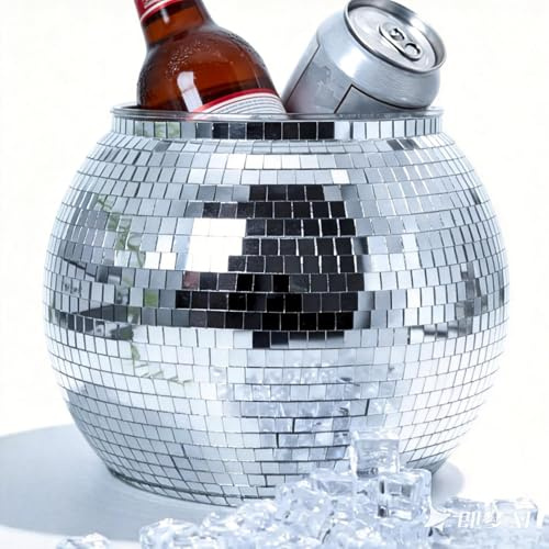 Disco Ball Ice Bucket 8.8Inch - Mirror Silver Disco Ball Decor Beverage Chiller for Cocktail Bar, Party Supplies, Wine, Beer, Champagne Cooler - Disco Party Decorations & Retro Bar Accessories