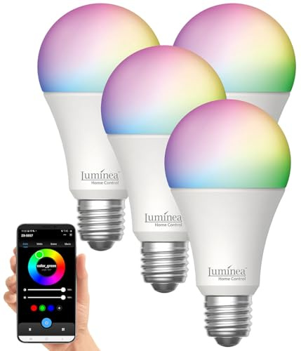 Luminea Home Control Smarte WLAN LED-Lampe: 4er-Set WLAN-LED-Lampen, E27, Matter-kompatibel, RGB, CCT, 806 Lumen (Glühbirne mit Fernbedienung, Glühbirne E27 warmweiß WiFi, Farbe)