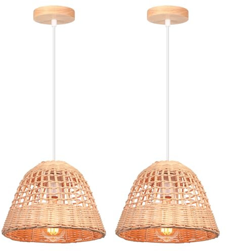 LIGKIN 2 Stück Pendelleuchte Bambus Weben Kronleuchter Rattan Boho Style Bambus Ø25cm Lampenschirm Vintage Deckenlampe Dekoration Deckenleuchte für Restaurant Küche Wohnzimmer Café