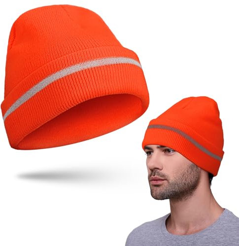 Bencailor Gestrickte Hoch Sichtbare Wendemütze Winter Reflektierende Sicherheitsmützen Totenkopf Mütze mit Reflektierende Streifen(Orange)