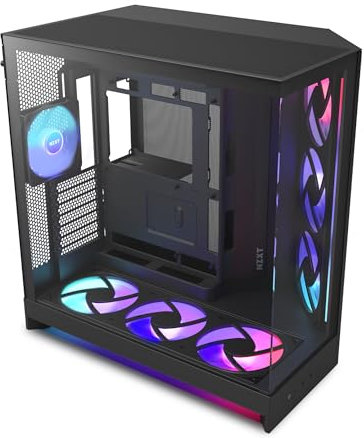NZXT H9 Flow RGB+ (2025) – Grande Case PC ATX Mid-Tower a Doppia Camera per Flusso d'Aria – Include 7 ventole RGB (6 x 140mm, 1 x 120mm) e hub di controllo – Nero