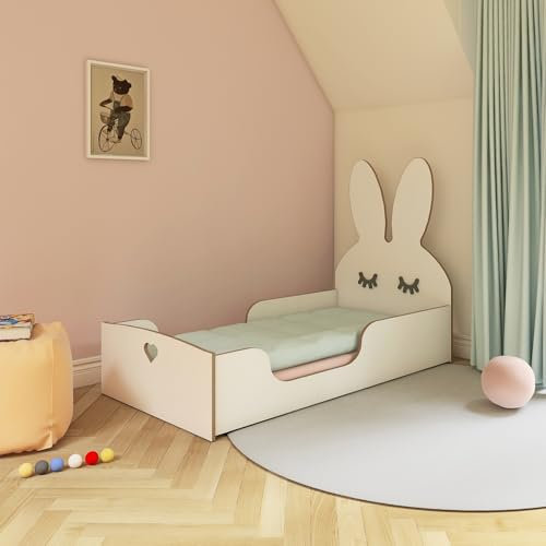 Need Sleep Montessori Bett Kinder Bodenbett 70x160 cm mit Rausfallschutz Lattenrost Kinderbett am Boden Niedrig Kids Floor Bed Bodentief aus MDF Mädchen Hase