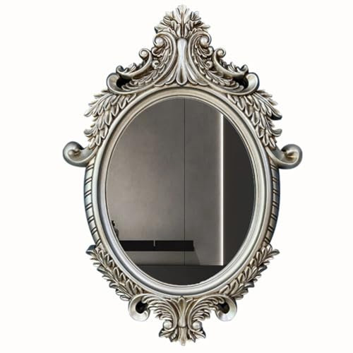 KXWOQ3ED Ovaler Vintage Hängespiegel, 61x86 cm Antiker Spiegel mit Geschnitztem Rahmen, Verzierter Barocker Wandspiegel für Badezimmer, Schlafzimmer, Wohnzimmer, Eingangsbereich(Silber)