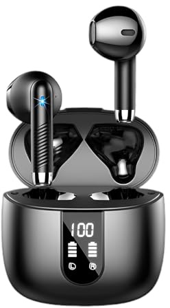 PWTEK Wireless Earbuds,Bluetooth 5.4 ENC Noise Cancelling Earphones with 4 Mic, 56H Playtime, Deep Bass Stereo, IPX7 Waterproof, LED Display True Wireless Headphones USB-C,Black
