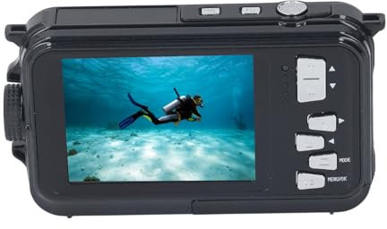 Rankomu Fotocamera subacquea da 2,7 K 48 MP, doppio schermo, resistente all'acqua fino a 10 metri, autofocus, rilevamento del viso ligente, batteria da 650 mAh, fotocamera digitale compatta