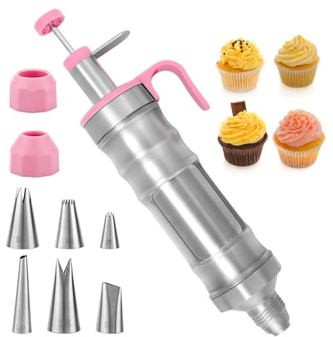 Dessert Decorating Syringe Set, Including 1 Frosting Dispenser Gun 6 Piping Tips & 2 Converters Stainless Steel Cake Decorating Kit Reusable Icing Piping Tools for Cakes Desserts