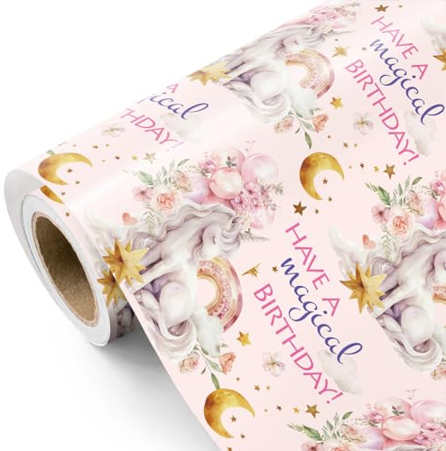 RUSPEPA Einhorn-Geburtstagspapier – Mini-Rolle – 43,2 cm x 5 m – Geschenkpapier mit magischem Feen-Aquarell-Design für Geburtstage. Party, Mädchenparty und Babyparty