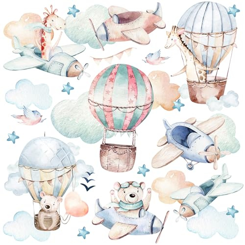 Muralo Wandtattoo Set Wilde Tiere in den Wolken, UV-beständig - 120x60 cm | Wandsticker, Modernes Design - ideal für Kinderzimmer, für Mädchen und Jungen, einfach anzubringen