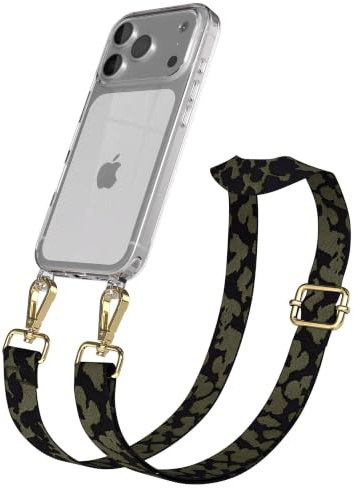 EAZY CASE Handykette - Verstellbares Taschenband kompatibel mit iPhone 17 Pro, Schulterriemen, Handykordel mit Silikon Hülle, Umhängetasche, Dunkelgrün Camouflage Gold