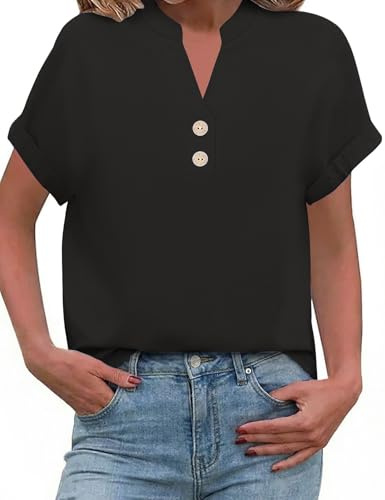 PASUDA Damblus, muslinblus, sommar, v-ringad, button-down blusskjorta, elegant bomullslinne, skjorta, kortärmade toppar, ledig lös skjortblus, baslänk, tunika, skjorta