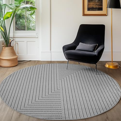 SIMPEX Kurzflor Teppich Rund 200 cm Grau, 3D Hoch Tief Effekt, Skandinavischer Boho Teppich für Wohnzimmer Esszimmer, Balkon Terrasse Outdoor geeignet