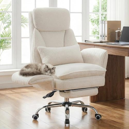 Ckaff Bürostuhl Chefsessel Ergonomisch, Gaming Stuhl mit 5-Stufig Verstellbare Armlehnen & Fußstütze, Schreibtischstuhl mit Verstellbarer Rückenlehne & Lendenwirbelstütze aus Teddy Stoff, Weiß