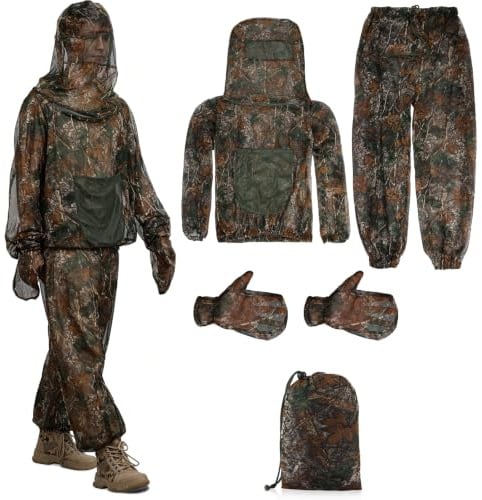 PELLOR Mosquito Suit Camo Ghillie Suit Bug Protection Unisex 3Pcs Set | Bug-proof mesh pocketed jacket, trousers & gloves, adjustable drawstrings, carry bag, Camo, For hunting, fishing