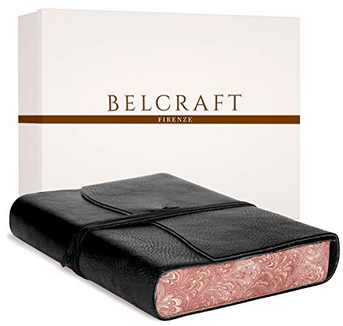 BELCRAFT Venezia Romantica mittelgroßes Notizbuch aus Leder, Handgearbeitet in klassischem Italienischem Stil, Geschenkschachtel inklusive, Tagebuch, Lederbuch (12x17 cm) Schwarz