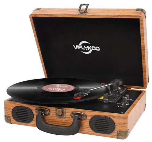 Record Player, VIFLYKOO Record Player Vinyl Turntable with 3-speed 33/45/78 RPM Bluetooth Vinyl LP Player Built-in 2 speakers /Headphone Jack/USB/AUX in/RCA output - Natural Wood
