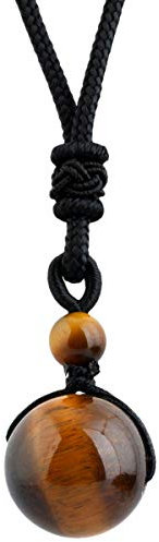 mookaitedecor Natural Brown Tiger's Eye Healing Crystal Bead Pendant Necklace for Men Women, Round Stone Necklace Reiki Chakra Crystal Jewellery Gift Semi Precious Stone Necklace with Black Cord