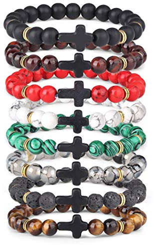 YADOCA 8 Stück 8MM Stein Armband für Männer Frauen Paare Tigerauge Stein Lavastein Armband für ätherisches Öl Heilung Armband Elastic Yoga Kreuz Armband