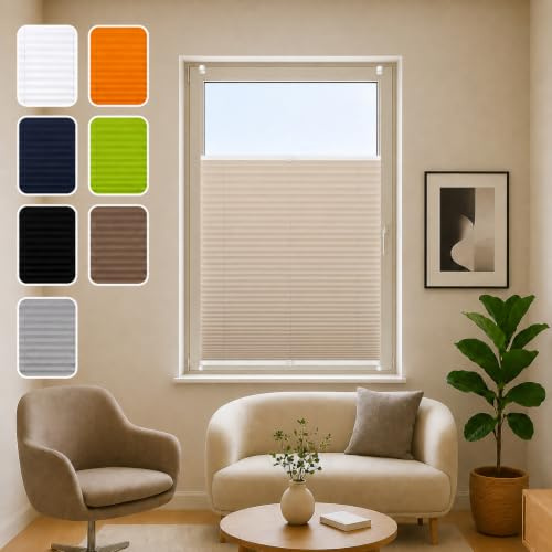 ondeco® Plissee ohne Bohren 80x210 cm beige | Blickdicht, Sichtschutz für Fenster & Tür | Easy-to-fix