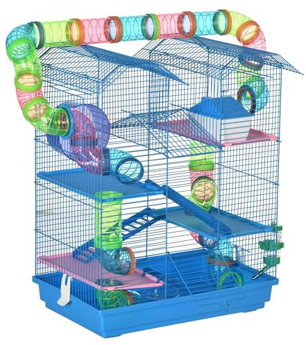 PawHut Jaula para Hámster Hábitat para Animales Pequeños de Múltiples Niveles con 4 Plataformas Cuenco de Comida Bebedero Rueda de Ejercicio Escaleras Sistema de Tubos 47x30x59 cm Azul