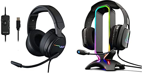 THE G-LAB Korp Thallium Gaming-Kopfhörer, USB, 7.1, Digital Surround & K-Stand Radon Gaming Kopfhörer Stander - RGB-Hintergrundbeleuchtung, USB-Hub 2 x 2,0, rutschfeste Basis - (Schwarz)