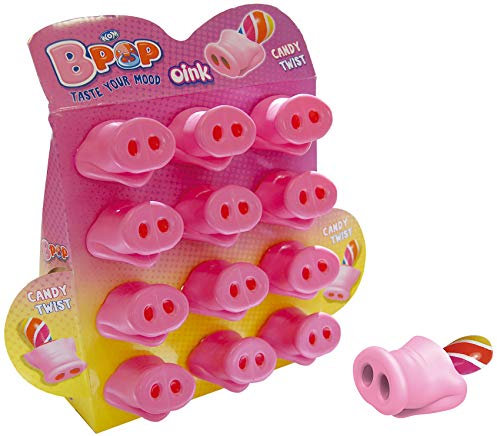 WOM Oink, Lollipop Schnuller in form con einer Schweinnase, Mehrfarbig Lutscher mit Erdbeergeschmack, Display von 12 Einheiten von 15 gr. Karamell