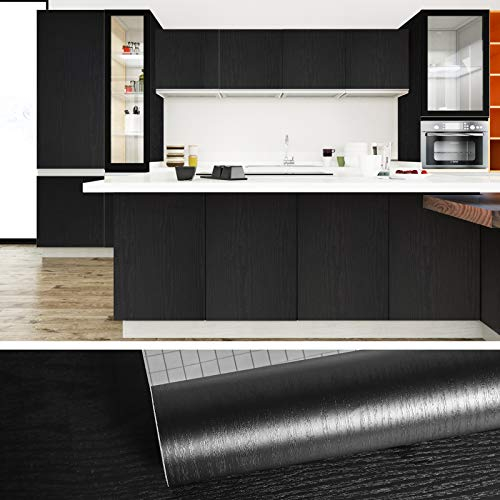 VEELIKE Pellicola Adesiva Nera Legno Carta Da Parati Legno Scuro Cucina Lavabile Carta Adesiva Cucina Rivestimento Adesivo Per Mobili Pellicola Autoadesiva Legno Per Mobili Porta Vintage 60cm x 900cm