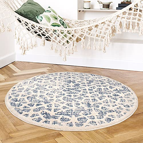 payé Teppich Rund Wohnzimmer - Blau Cream- 120x120cm - Kurzflor Modern Deko Boho Schlafzimmer Flur Dekoration - Skandinavische Teppiche