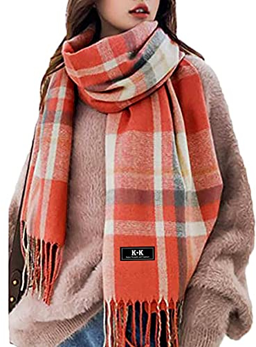 Damen Schal - Kariert übergroßer XXL Winterschal Deckenschal Weich Warm Herbstschal Kariert Karo Tartan Streifen Fransen Poncho (Orange)