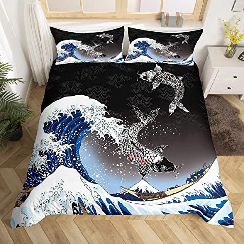 Homewish Sea Waves Duvet Cover Koi Fish Bedding Set King Size Japanese Style Comforter Cover Set for Boys Girls Youth,Mount Fuji Japan Carp Bed Sets Ethnic Kawaii Ukiyoe Theme Lake View Bedroom Decor