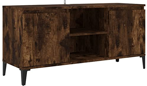 vidaXL Meuble TV avec Pieds en Métal, Armoire de Télévision avec 2 Étagères et 2 Compartiments, Meuble Télé avec Rangement Salon, Chêne Fumé
