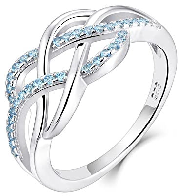 YL Keltischer Ring 925 Sterling Silber März Geburtsstein Aquamarinblau Jubiläum Ewigkeit Unendlichkeit Keltischer Knotenring für Damen(Größe 50)